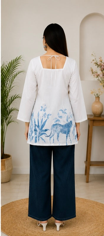 VASTROX Women’s Premium Cotton Printed Bell Sleeve Top | White | Casual & Everyday Wear