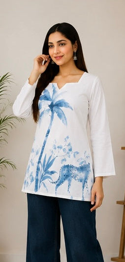 VASTROX Women’s Premium Cotton Printed Bell Sleeve Top | White | Casual & Everyday Wear