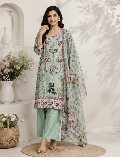 Women’s Mint Green Floral Printed Cotton Suit Set with Dupatta