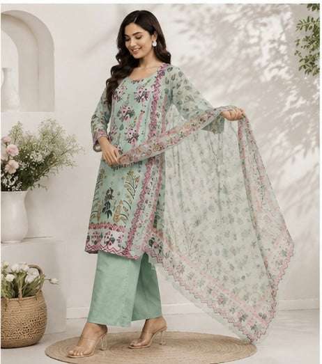 Women’s Mint Green Floral Printed Cotton Suit Set with Dupatta