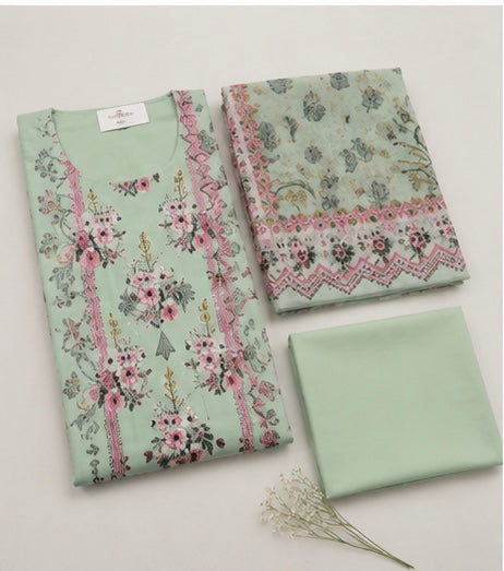 Women’s Mint Green Floral Printed Cotton Suit Set with Dupatta