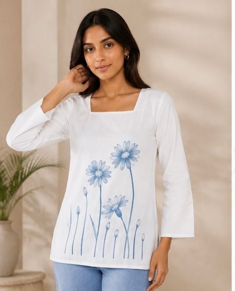 VASTROX Women’s White Floral Print Cotton Kurti