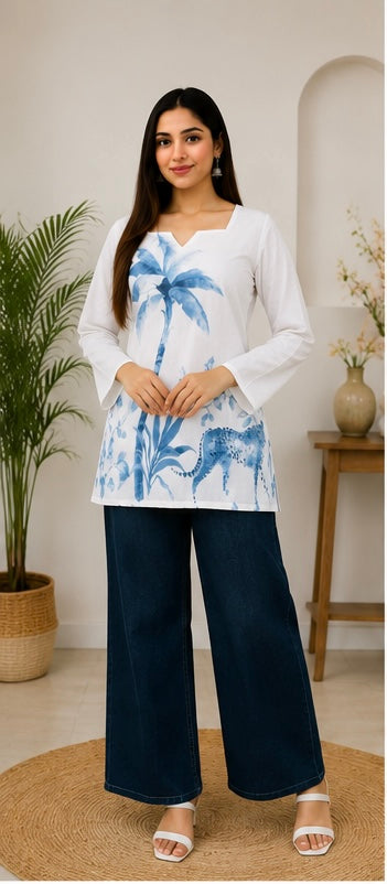 VASTROX Women’s Premium Cotton Printed Bell Sleeve Top | White | Casual & Everyday Wear