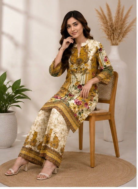 Premium Mustard Printed Cotton Suit