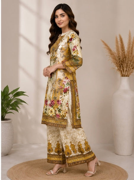 Premium Mustard Printed Cotton Suit