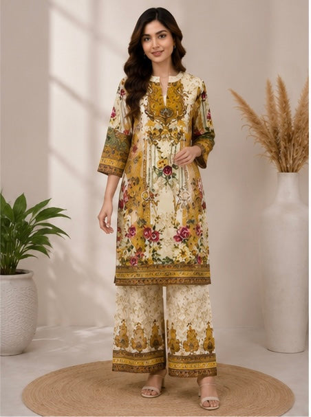 Premium Mustard Printed Cotton Suit