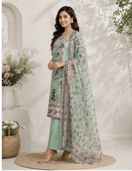 Women’s Mint Green Floral Printed Cotton Suit Set with Dupatta