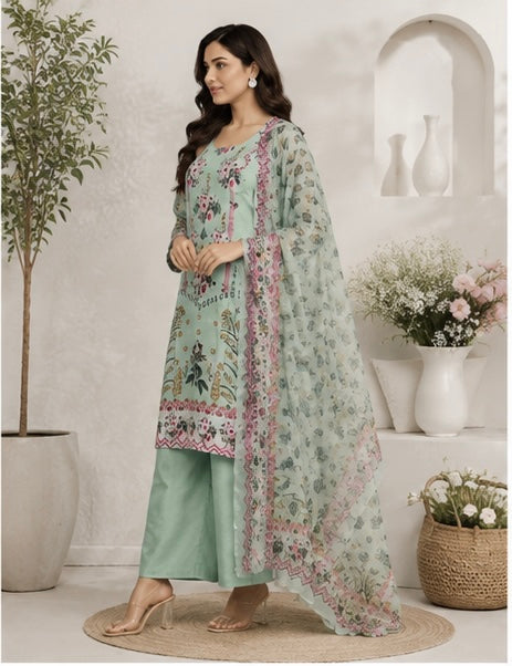 Women’s Mint Green Floral Printed Cotton Suit Set with Dupatta
